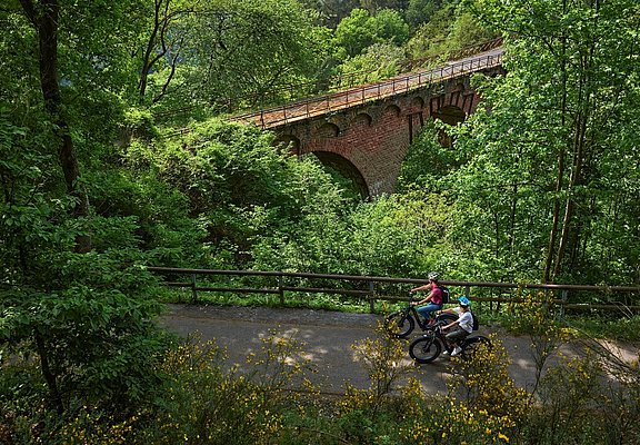 Radfahrerinnen Höhe des Wittlicher Viadukts auf dem Maare-Mosel-Radweg