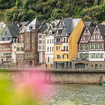 Häuser am Moselufer neben dem Mosel-Radweg bei Cochem