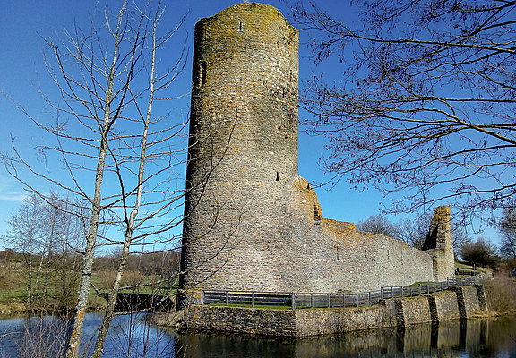 Blick auf die von Wasser umgebene Burg Baldenau