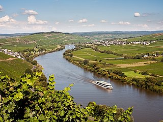 Mosel mit Kreuzfahrtschiff und Blick auf Kesten