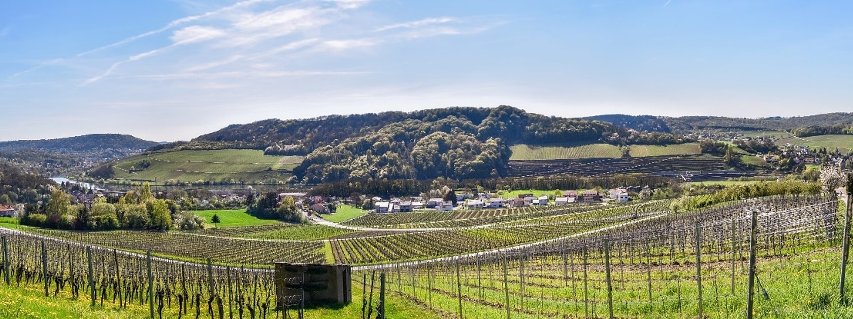 Einstieg Moselsteig Dreiländerblick: Blick Richtung Schengen (Luxemburg, links) und Apach (Frankreich, rechts)