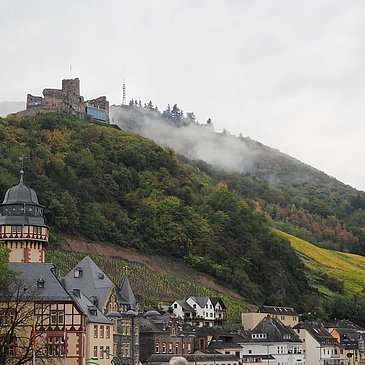 Blick auf die Burg im Nebel